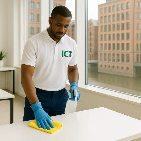 Mitarbeiter von Ihrcleanteam reinigt eine Schreibtischfläche am Fenster