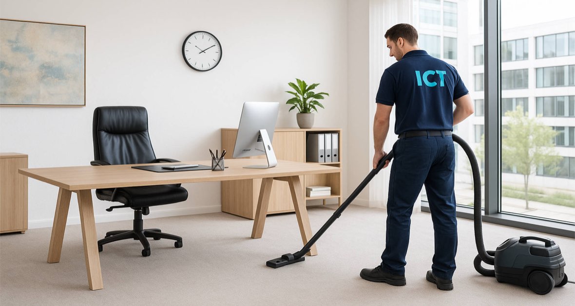 Mitarbeiter von Ihrcleanteam saugt ein helles Büro in Hamburg