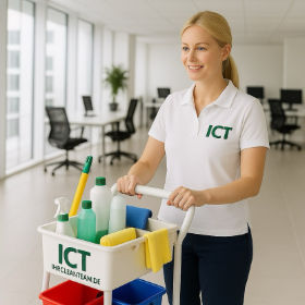 Reinigungskraft von Ihrcleanteam mit umweltfreundlicher Ausstattung im Büro