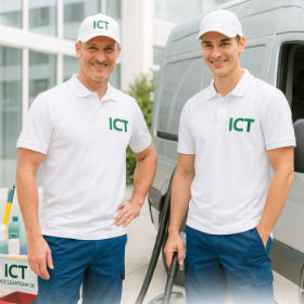 Zwei Mitarbeiter von Ihrcleanteam in Arbeitskleidung vor dem Firmen-Lieferwagen